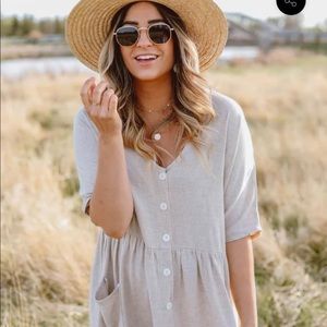 Women's Cream Button-Front Summer Dress - Casual V-Neck